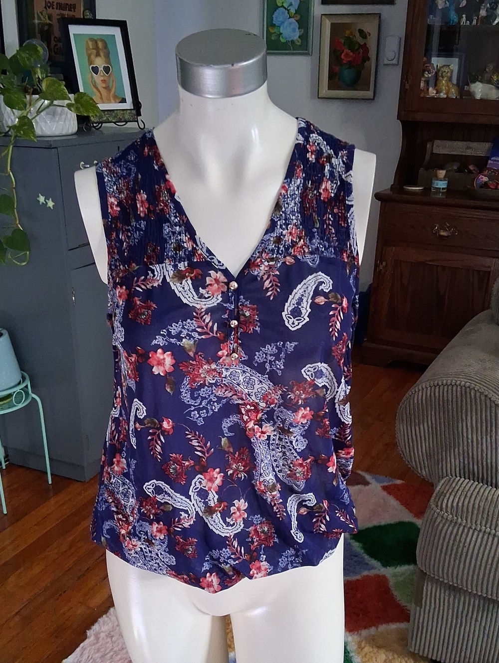 Sleeveless Sheer Navy Floral-Paisley V-Neck Blouse